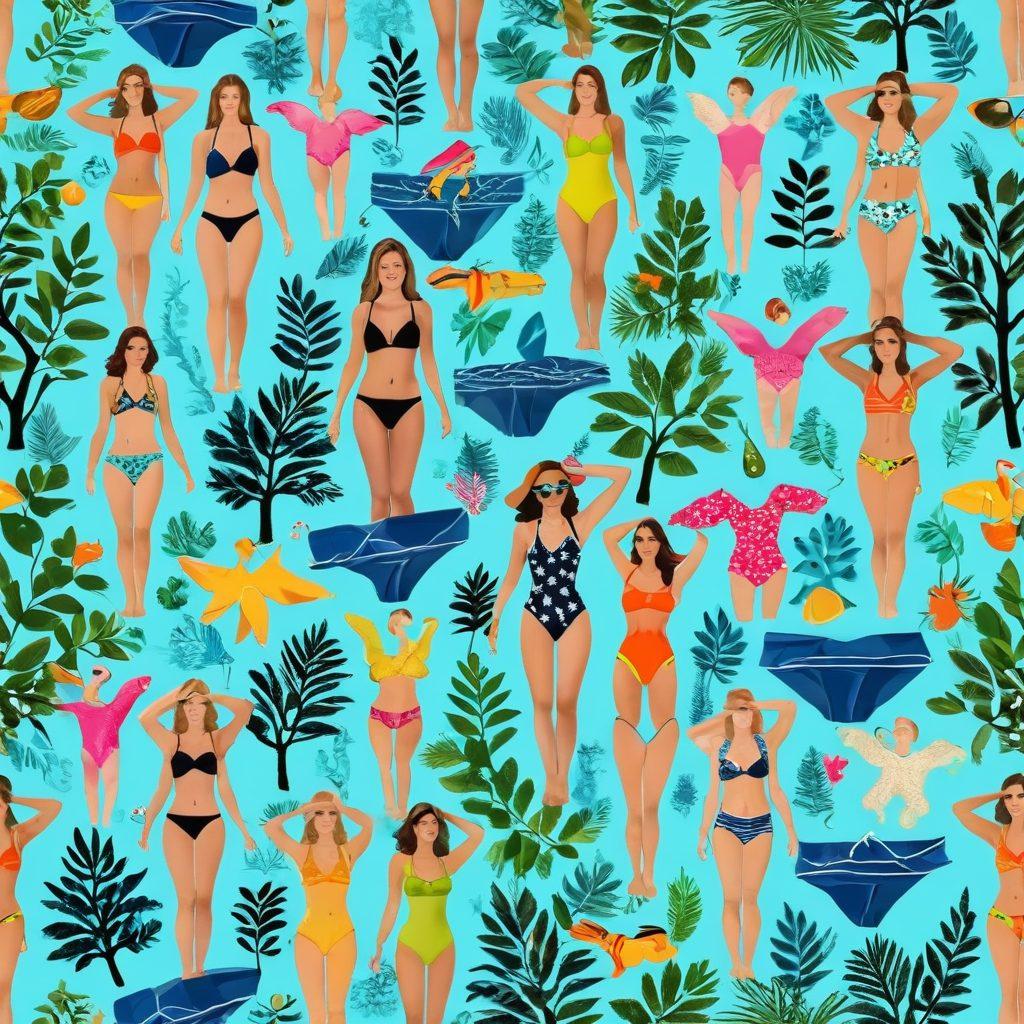 A visually striking collage featuring the evolution of swimwear from vintage bikinis to modern thongs. Incorporate elements of a family tree with branches showcasing different styles over the decades. Use vibrant colors to represent each era, with a beach background that reflects the seaside culture. Add playful icons or symbols that celebrate water and fashion. super-realistic. vibrant colors. beach setting.