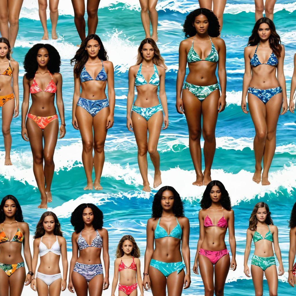A captivating collage showcasing diverse ancestral swimwear styles, featuring colorful thongs and bikinis influenced by various cultures. The background includes vintage family photos merged with modern swimwear designs to highlight the evolution of fashion through generations. Incorporate elements like tropical landscapes and ocean waves, adding a nostalgic yet vibrant feel to the scene. super-realistic. vibrant colors. white background.